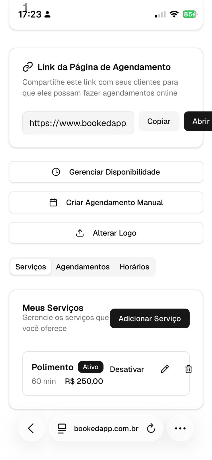 Painel administrativo do Booked App