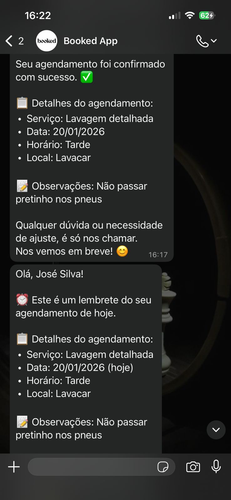 Notificações automáticas via WhatsApp do Booked App